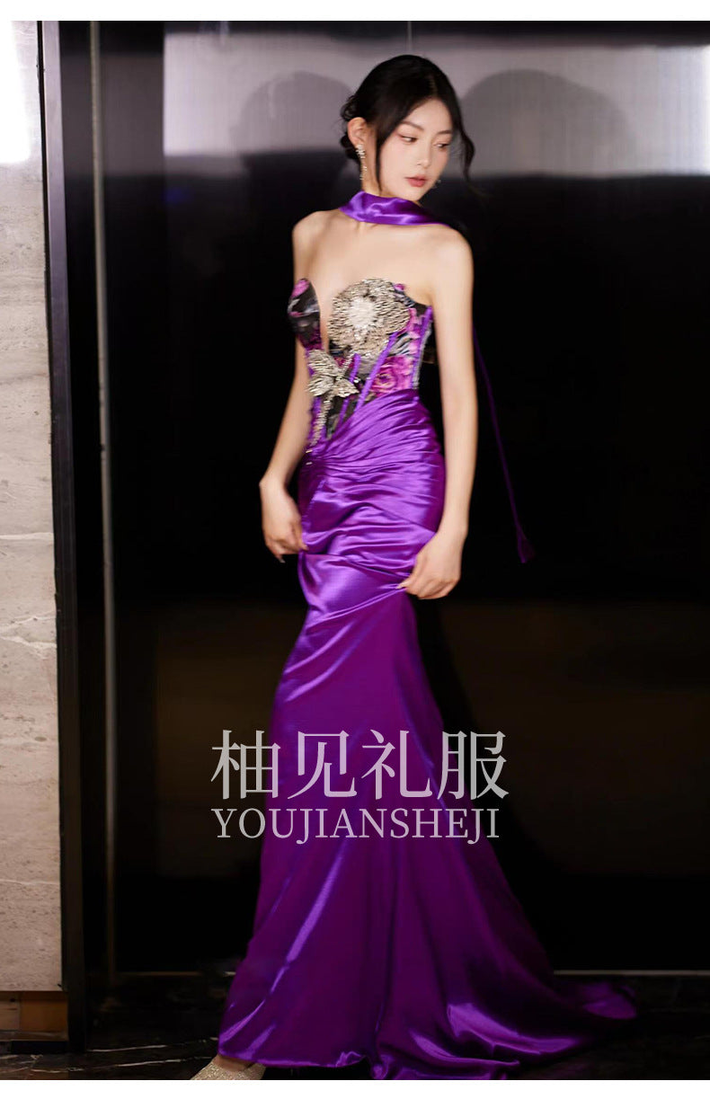 New Chinese Style Morning Gowns Women's 2024 New Design Sense Niche Bride Engagement Skirt Small Size in Purple Trailing Tube Top Toast Clothing