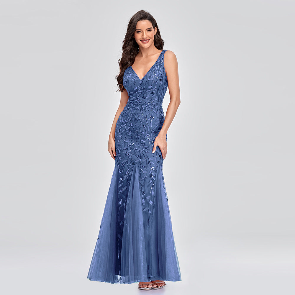 New 2023 Dress Sexy Dress Sleeveless V-neck Embroidery Sequin Slim Fishtail Bridesmaid Evening Dress for Women