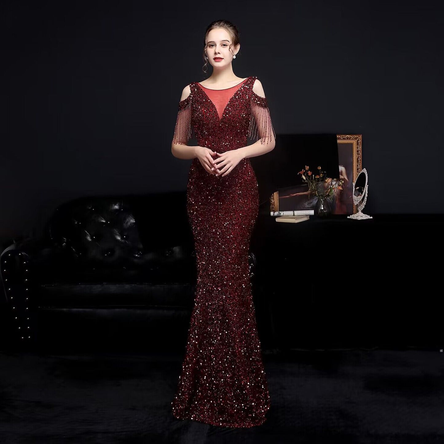 3185 Heavy Industry Evening Dress Women's New Banquet Temperament High-End Fishtail Host Socialite Light Luxury Minority High-End