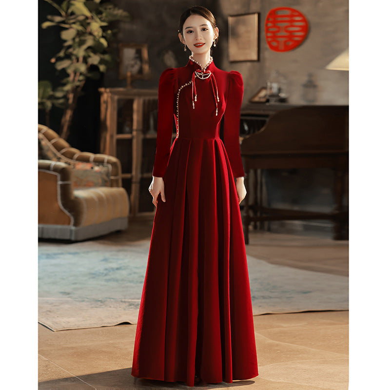 Toast Dress Bride 2024 New Chinese Style High-Grade Red Velvet Engagement Wedding Dress Women's Long Sleeve Spring