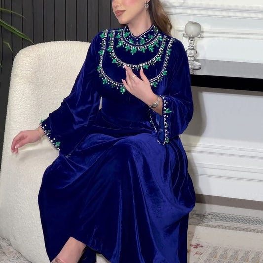 Xqy500249 Saudi Arabia Abaya Robe Velvet Zipper Green Drop-Shaped Diamond Middle East Dress