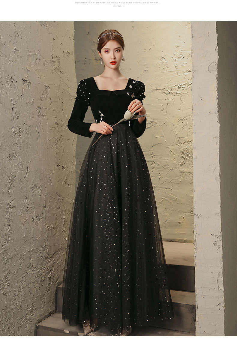 Banquet Evening Dress 2024 New Black Ladies Long Sleeves Graceful Formal Dress Host Performance Dinner Annual Meeting Gift