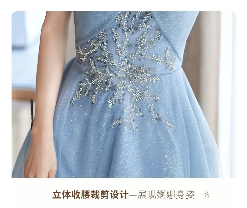 off-Shoulder Blue Evening Dress for Women Banquet Temperament French Entry Lux Niche High-End Host Art Exam Chorus Clothing