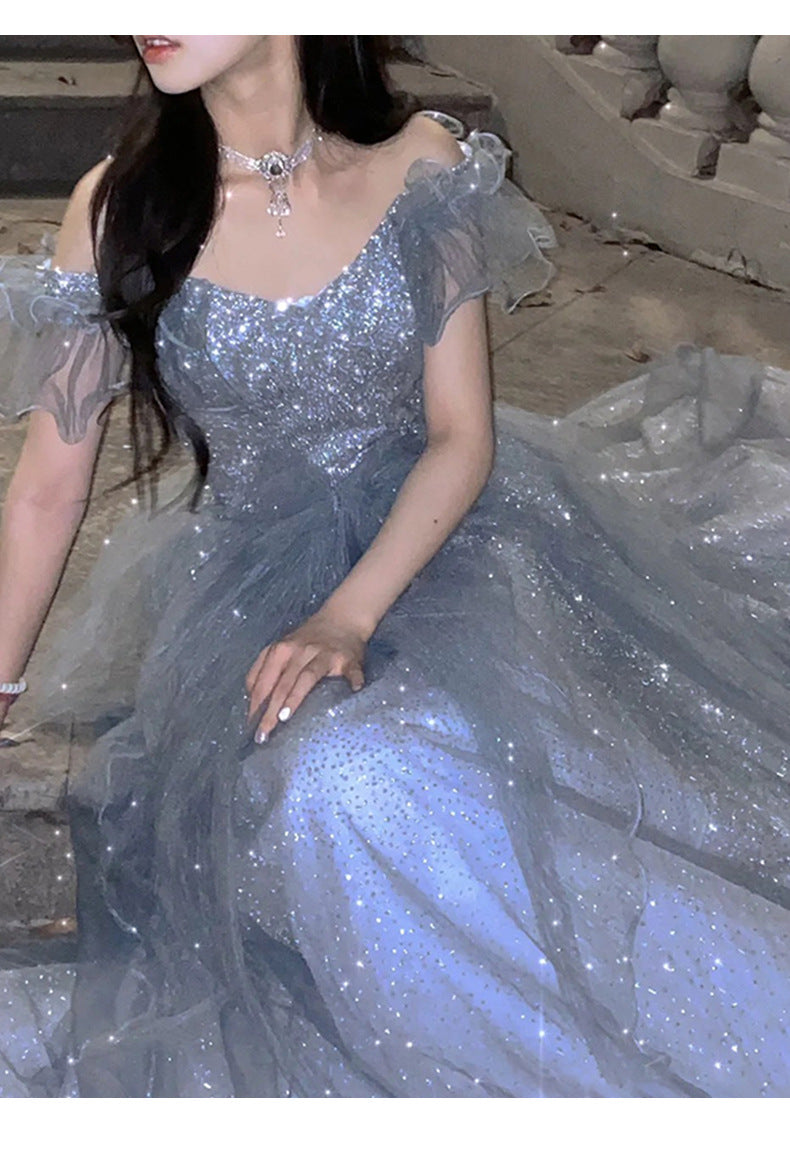 French Princess Escape Evening Dress Super Fairy Blue Student Art Exam Performance Dress off-Shoulder Temperament Bride Toast Dress