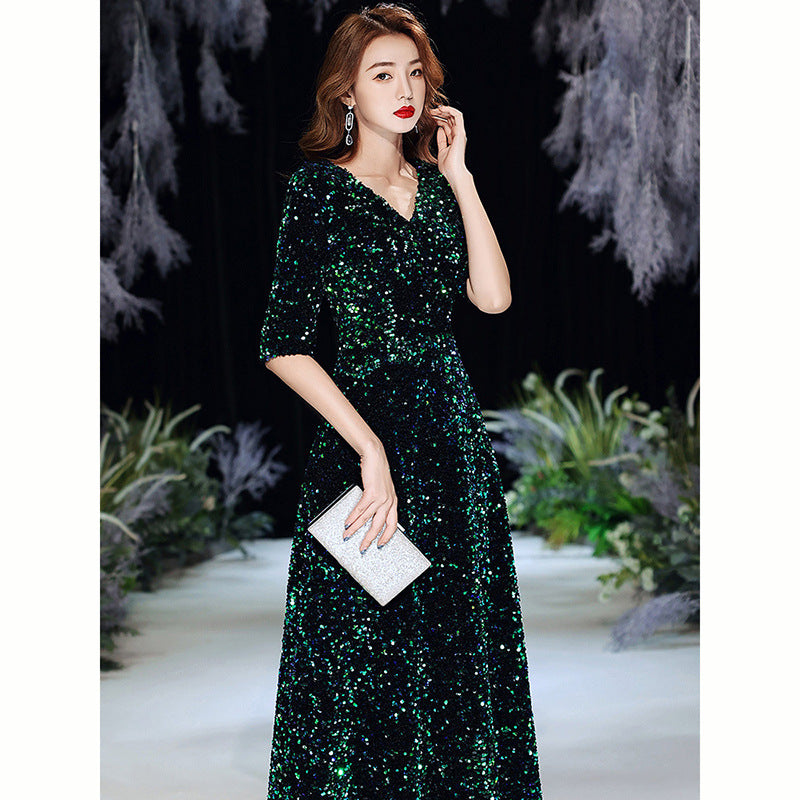 Green Sequins Annual Party Evening Dress Female 2024 Spring and Spring New Banquet Temperament Texture Host Long Dress
