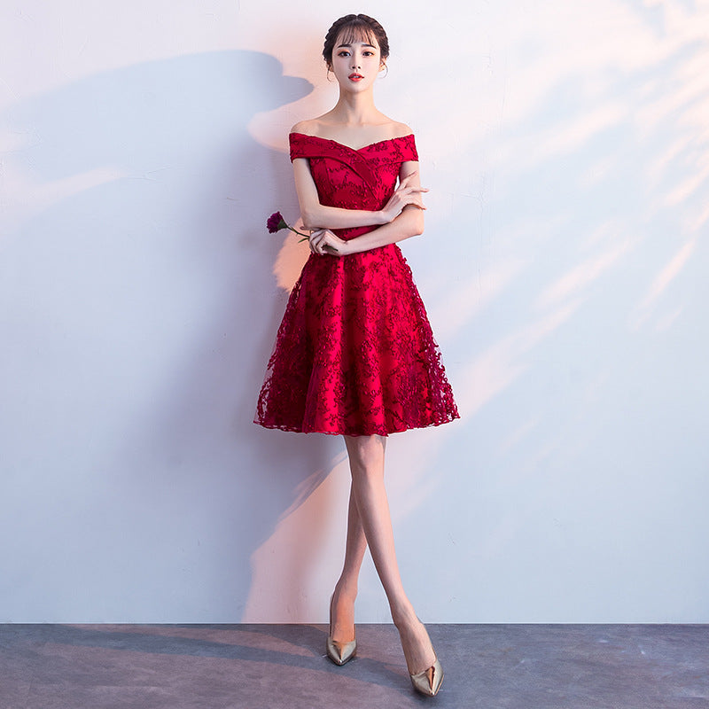 2024 New Summer Red Lace Off-Shoulder Long Slimming Wedding Evening Dress for Bride