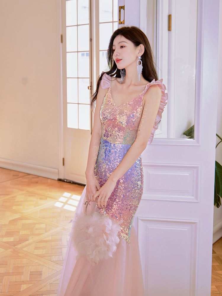 Evening Dress Sequin Long Dresses Camisole Luxury Minority High-End Dress Party Party Sequined Slim Fishtail Host H89802