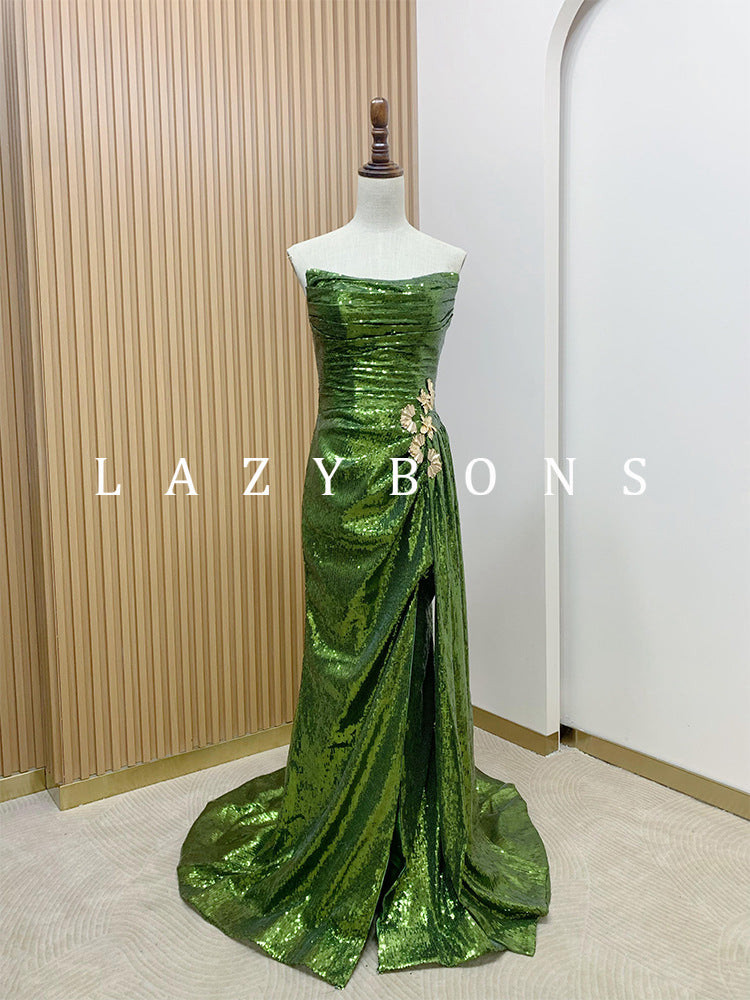 New Chinese Style Green Sequined Morning Gowns Evening Dress 2024 New Bridal Toast Dress Tube Top Birthday Trailing Little Dress