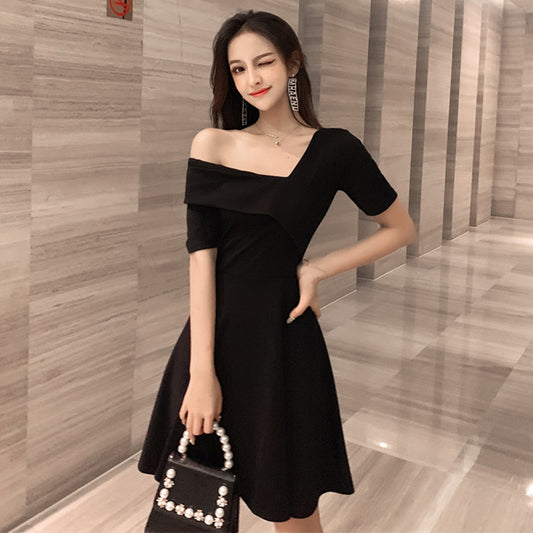 Autumn Clothes Slimming Gentle Dress Elegant Lady Short Sleeve Black Sexy off-the-Shoulder Hepburn Black Dress Dress