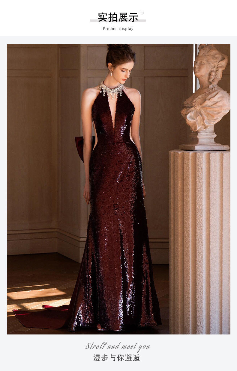 Sequined Toast Dress for Bride Wine Red Engagement Banquet Temperament Long Halter-Style Heavy Work Fishtail Evening Dress for Women
