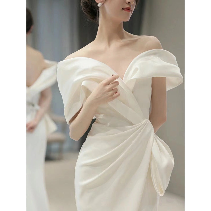 off-Shoulder White French Suit 2024 New Winter Light Luxury Minority High-End Engagement Fishtail High-End Evening Dress