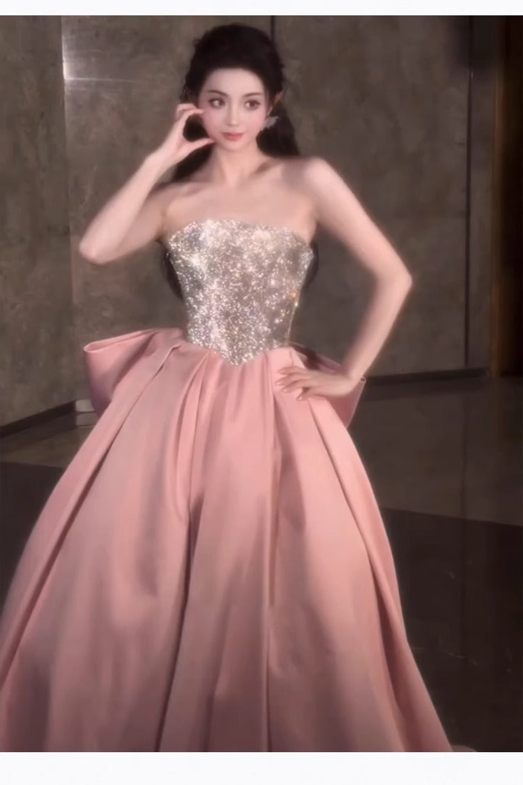 Pink Evening Dress for Women 2024 New High-Grade Tube Top Banquet Temperament Host Birthday Dress 18-Year-Old Adult Ceremony