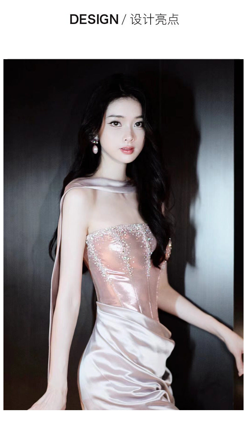 Pink Toast Clothing Morning Gowns 2024 New High Sense Banquet Temperament Host Tube Top Bride Engagement Formal Dress Female