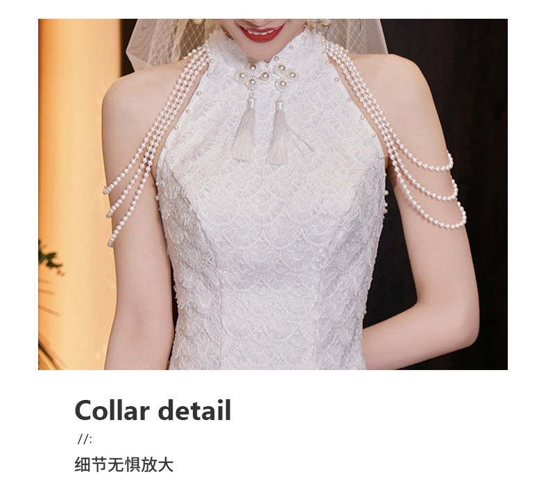 New Chinese Style Registration Slim White Dress Autumn and Winter Improvement Young Cheongsam Engagement Bride Lace Fishtail Dress