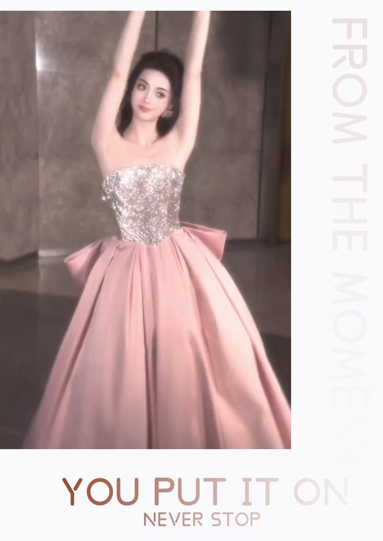 Pink Evening Dress for Women 2024 New High-Grade Tube Top Banquet Temperament Host Birthday Dress 18-Year-Old Adult Ceremony