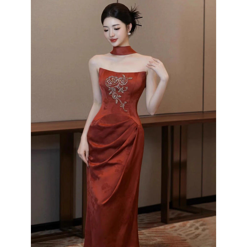 New Chinese Style Morning Gowns Women's 2024 New High-Grade Bride Engagement Formal Dress Toast Dress Tube Top out of Court Banquet Fishtail Skirt