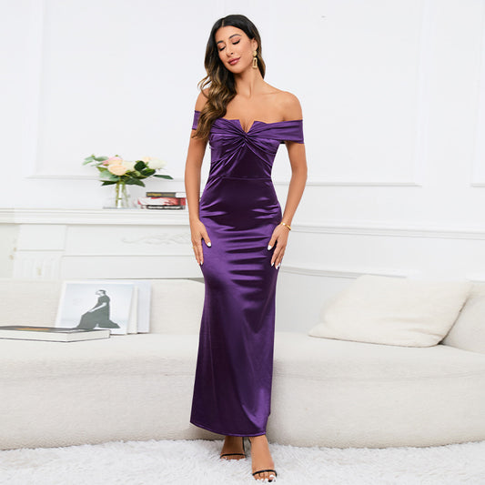 Amazon Cross-Border European and American Hot Evening Dress Women's Dress off-the-Shoulder Cross Knot Wrapped Chest Fishtail Dress