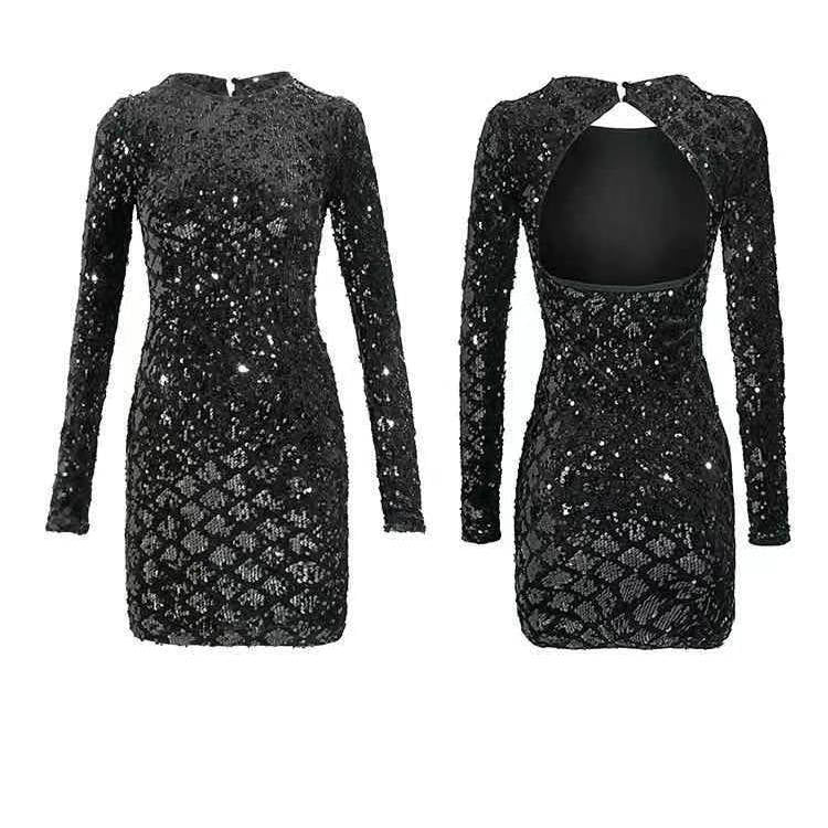 2024 Spring and Summer New Velvet Sequined Long Sleeve Dress Women's Sexy Skinny Hip Dress Socialite Temperament