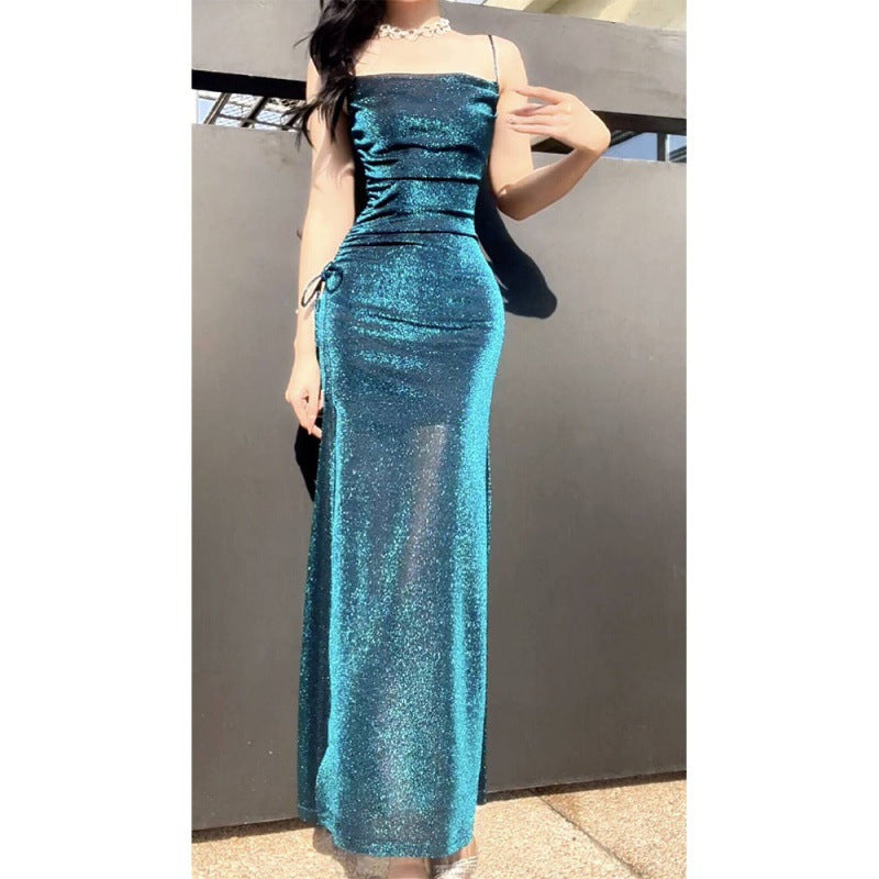 [Rona River Starry Night] Light Luxury Bright Silk Sling Dress Elegant Slimming High-End Evening Dress High-End Dress