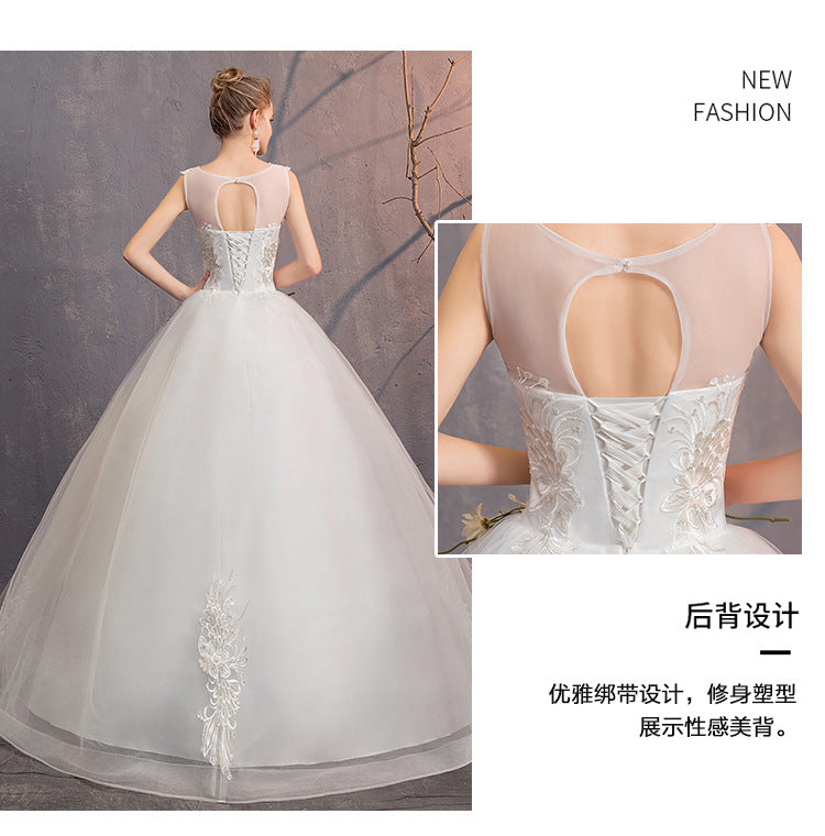 Romantic Slim-Fit Lace up Floor-Length Dress Elegant Shoulder round Neck Wedding Wedding Dress Floor-Length Wedding Dress