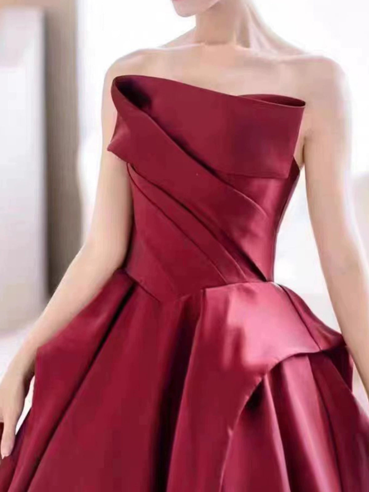 Wine Red Tube Top High-End Bridal Toast Clothing Satin High-End Sense Wedding Evening Dress Host Performance Costume Long