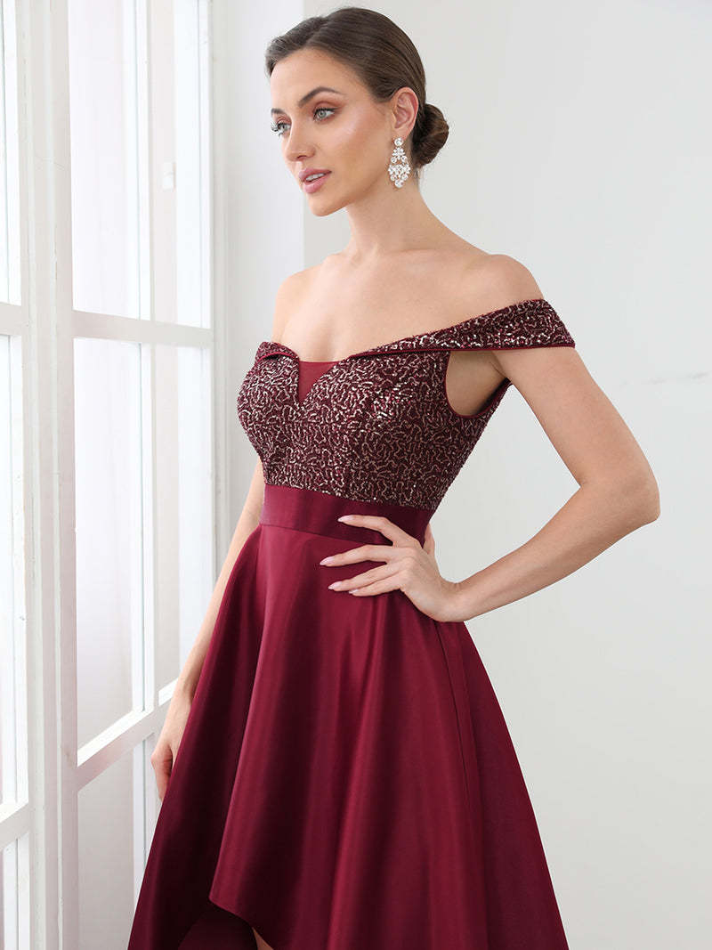 Europe and America Cross Border Foreign Trade off-Shoulder Evening Dress off-Shoulder Sequins High-End Banquet Graceful Satin Dress Small Tail