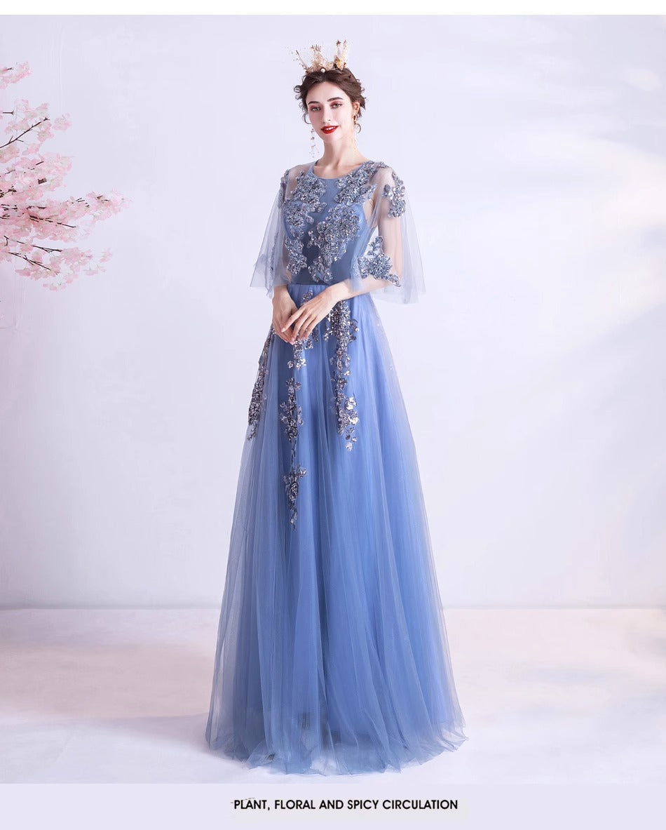 Blue Veils Slimming Banquet Annual Meeting Stage Performance Host Wedding Dress Evening Gown 273