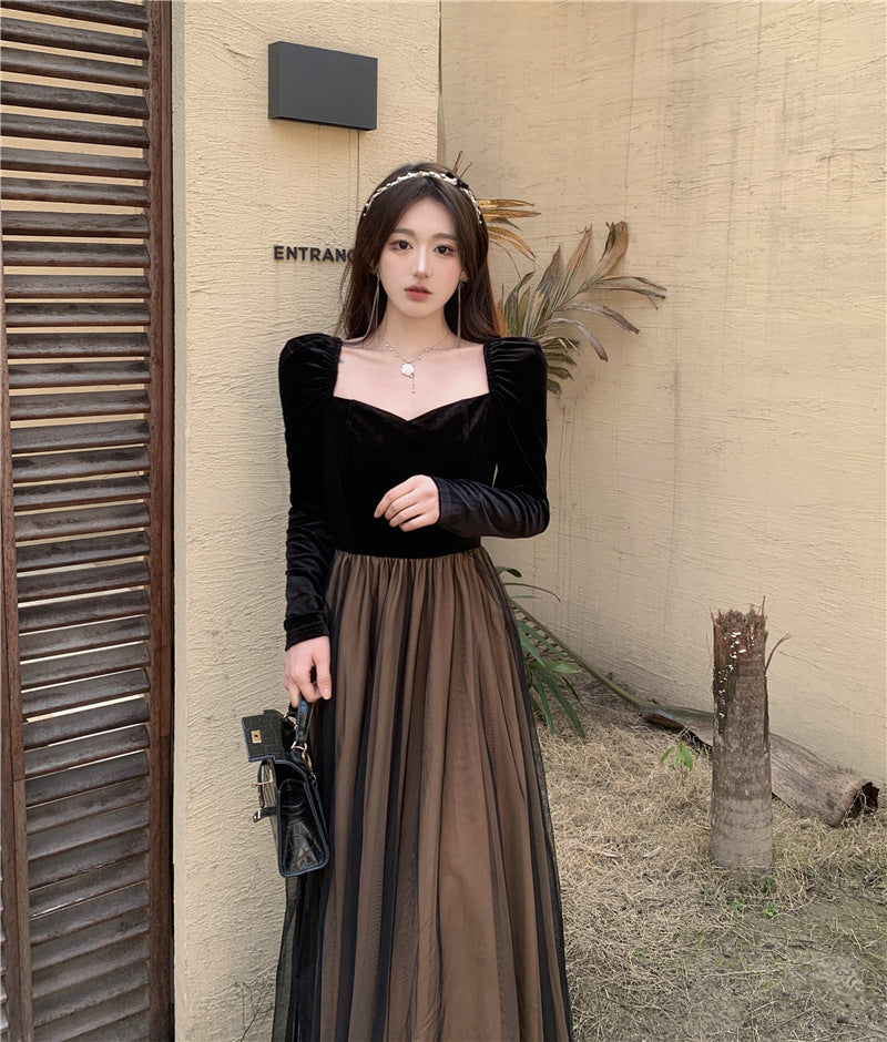 Black Vintage Velvet Dress Women's Autumn and Winter French Temperament Socialite Slim Fit Cinched Mesh Dress Long Skirt