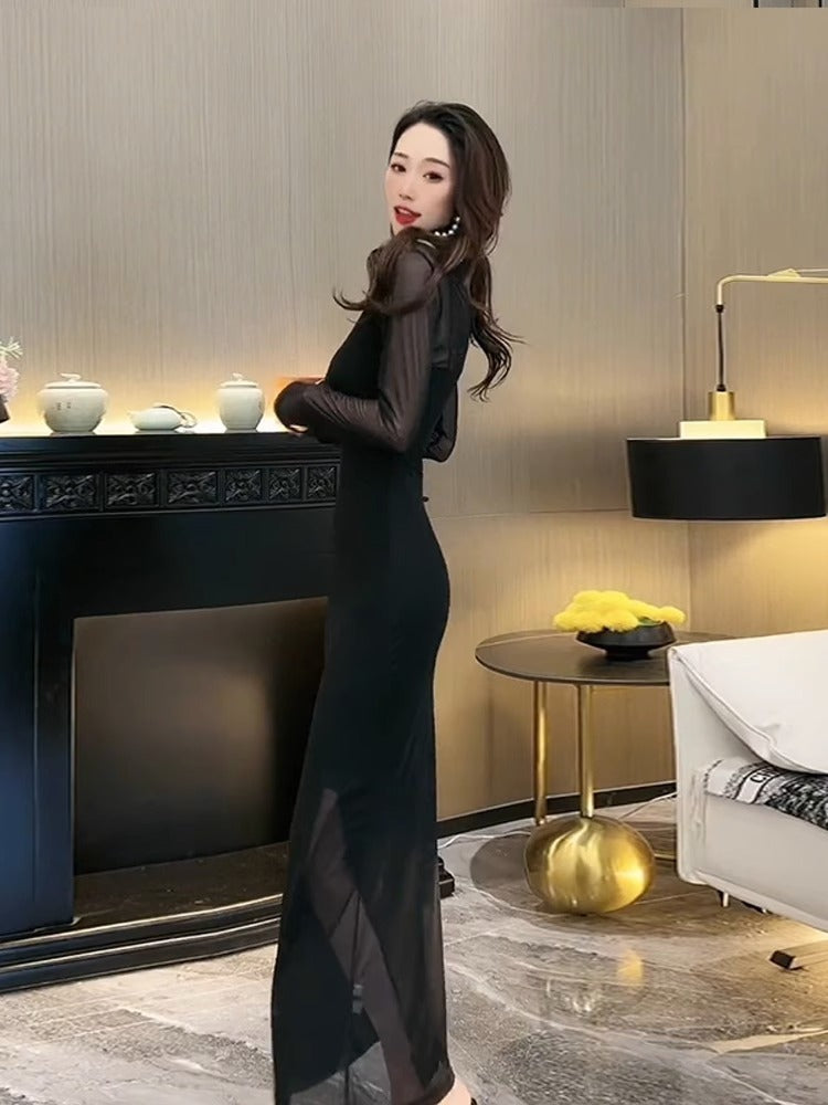 Sexy Slim Hip Mesh Black Dress French Retro Hepburn Style High-End Sense Temperament Long Sleeve Base Dress