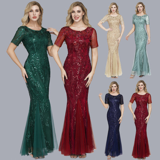 Europe and America Cross Border Amazon Hot Selling plus Size Dress Embroidered Mesh Fishtail Slim-Fit Banquet Evening Dress Fashion