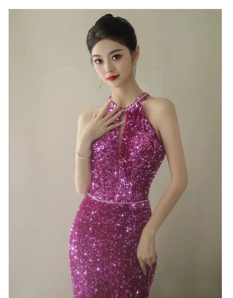 Dragon Fruit Dinner Dress 2024 New Sequined Fishtail Bridal Wedding Toast Backless Party Evening Dress