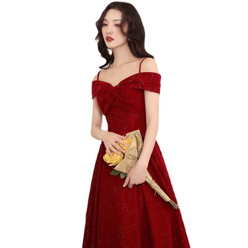 Elegant Dress Women's off Shoulder Spaghetti Straps Mid-Length Bow Evening Dress Red Satin H82092