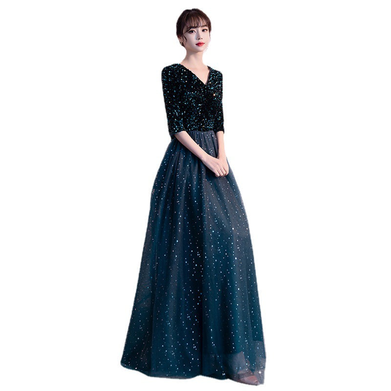 Dark Green Annual Party Evening Dress 2024 Autumn New Fashion Sexy V-neck Banquet Host Long Dress