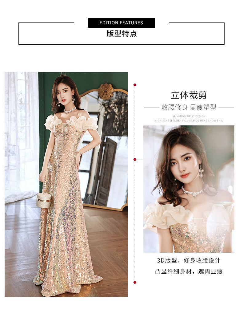 off-Shoulder Sequined Evening Dress for Women 2024 New Host Annual Meeting Bel Canto Solo Vocal Music Art Test Champagne Gold