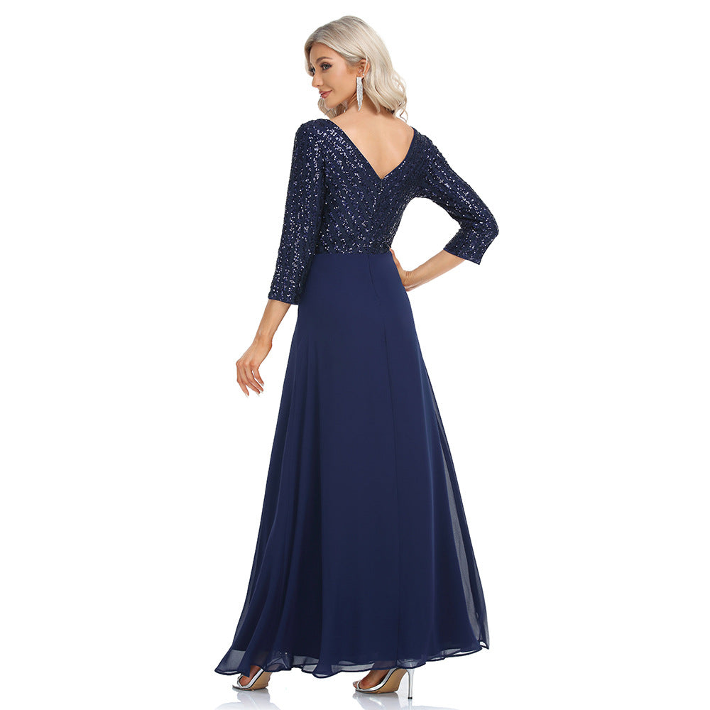 2023 Spring and Summer Women's Chiffon Bridesmaid Dress Double V-neck Dress 3/4 Sleeve A- line Large Hem Sequin Stitching Evening Dress