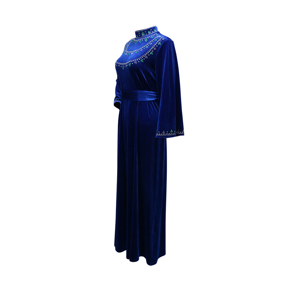 Xqy500249 Saudi Arabia Abaya Robe Velvet Zipper Green Drop-Shaped Diamond Middle East Dress