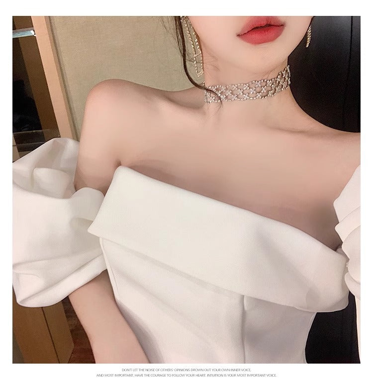 Sexy White off-Shoulder Dress Women's 2024 Spring and Summer New High-End Sense Temperament Banquet Light Dress Women's Fashion