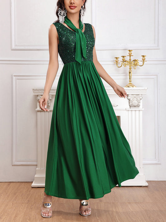 Cross-Border Women's Clothing Amazon New Dress Dress Fashionable Elegant Evening Dress with Belt Stitching Sequined Dress