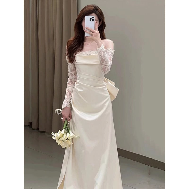 off-Shoulder Light Wedding Dress Bride Super Fairy Wedding Veil High-Grade French Satin White Elegant Fishtail Welcome Dress