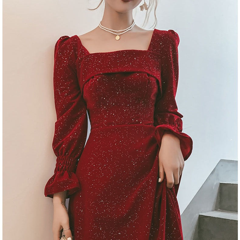 Bridal Red Party Marriage Engagement Formal Dress Long Sleeve Satin Square Collar Shiny Maxi Dress H2992p