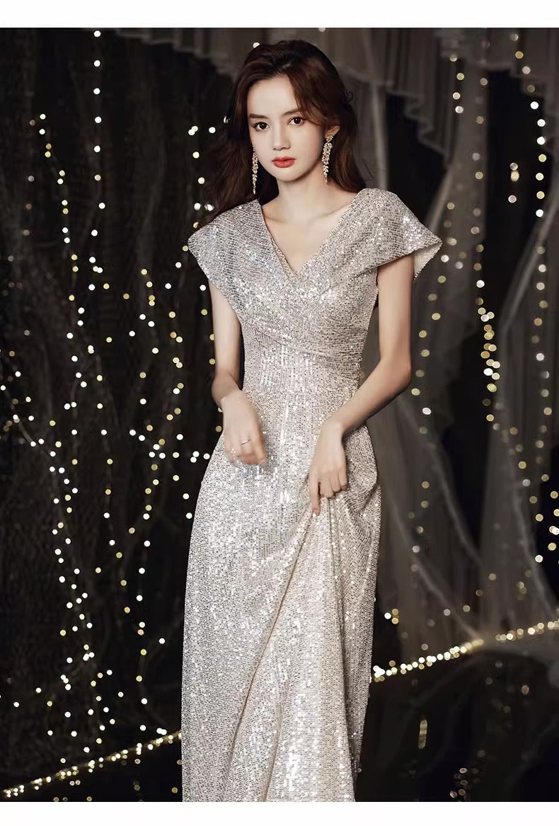 Banquet Evening Dress 2024 New High Sense V-neck Sequins Special Interest Light Luxury Performance Host's Dress Dress