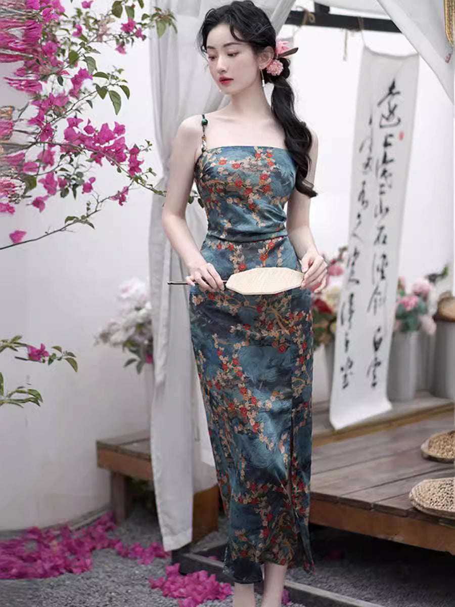 2024 Summer New High Sense Slim-Fit Figure Flattering Long Dress Retro Color Printing Sleeveless Split Dress National Style