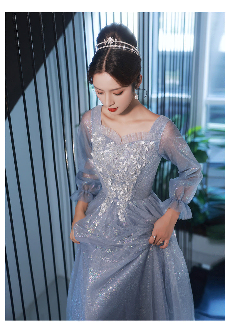 Blue Evening Dress for Women 2023 New High-Grade Banquet Temperament Long Sleeve Light Luxury Minority High-End Performance Art Exam Dress