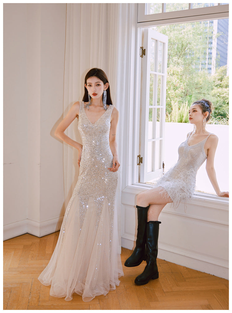 Mermaid Banquet Evening Dress 2024 New High-Grade Fine Glitter Dress Mesh Fishtail Dress Small Dress