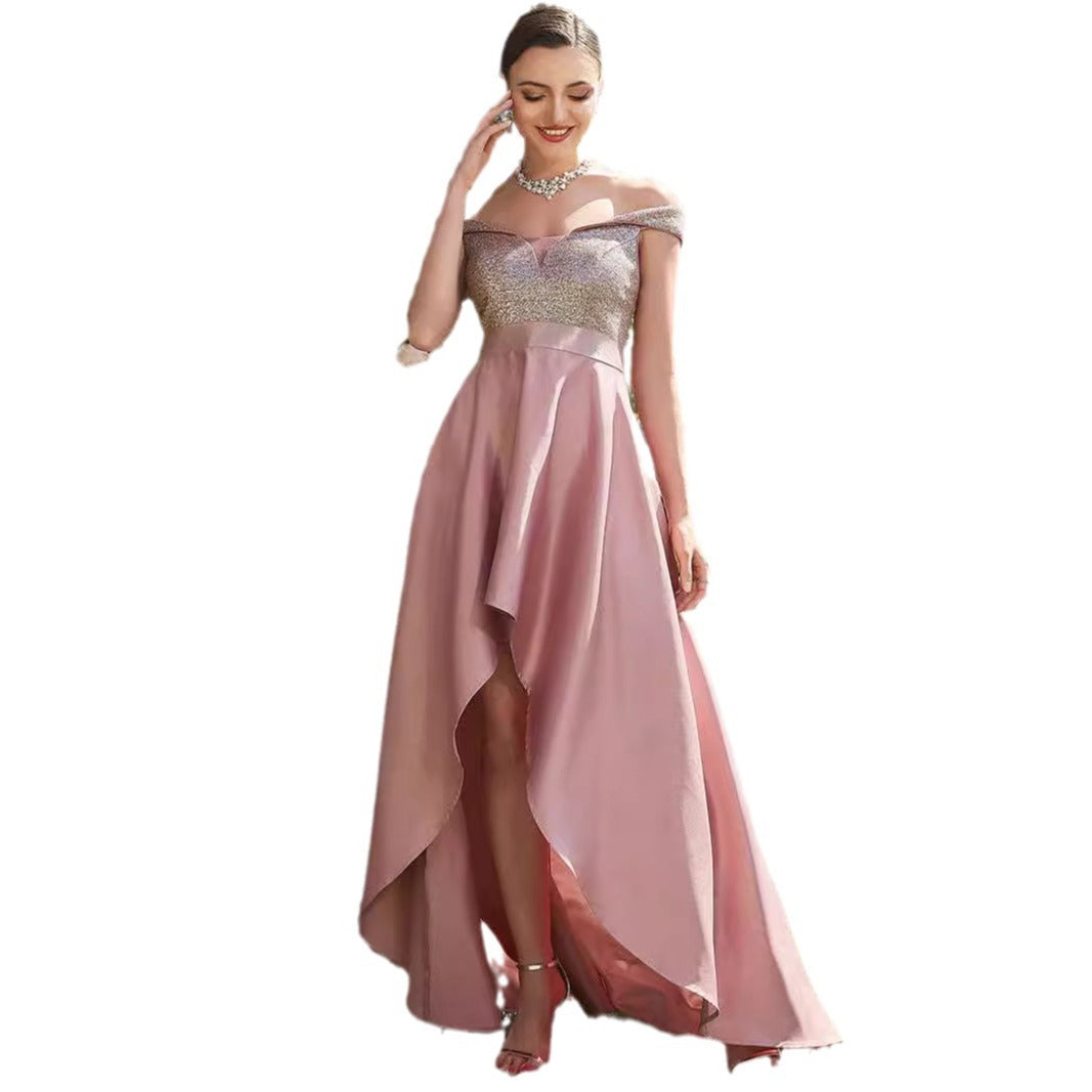 Europe and America Cross Border Foreign Trade off-Shoulder Evening Dress off-Shoulder Sequins High-End Banquet Graceful Satin Dress Small Tail