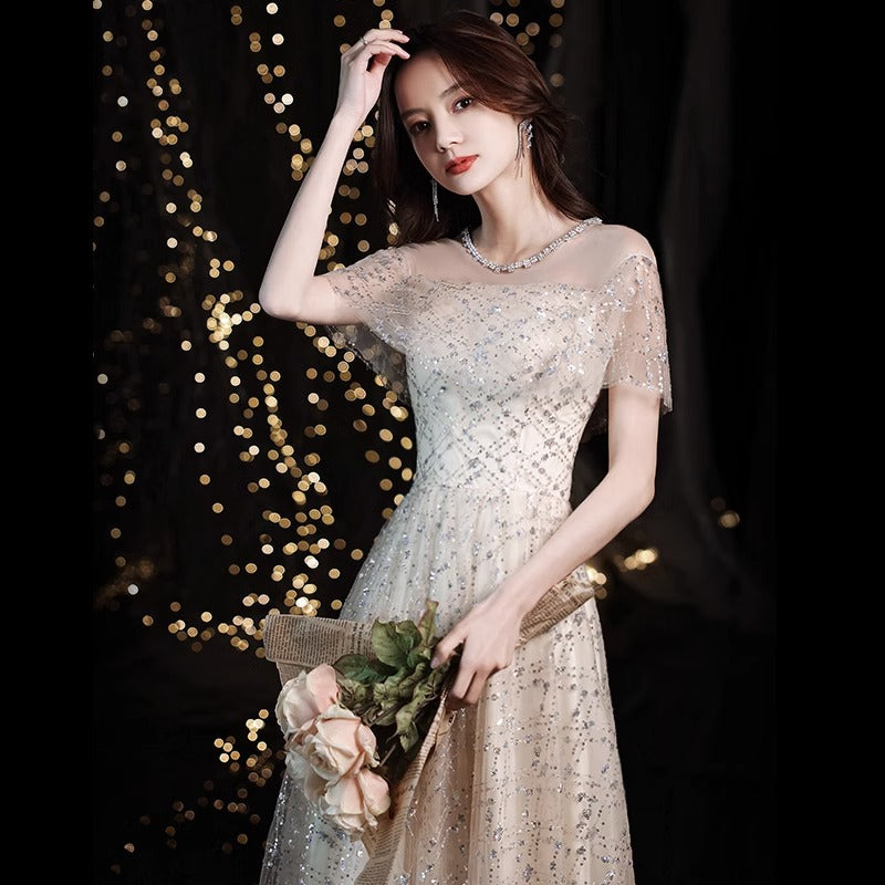 2024 New Sequined Evening Dress Women's High Sense Special Interest Light Luxury Banquet Temperament Annual Meeting Dinner Host