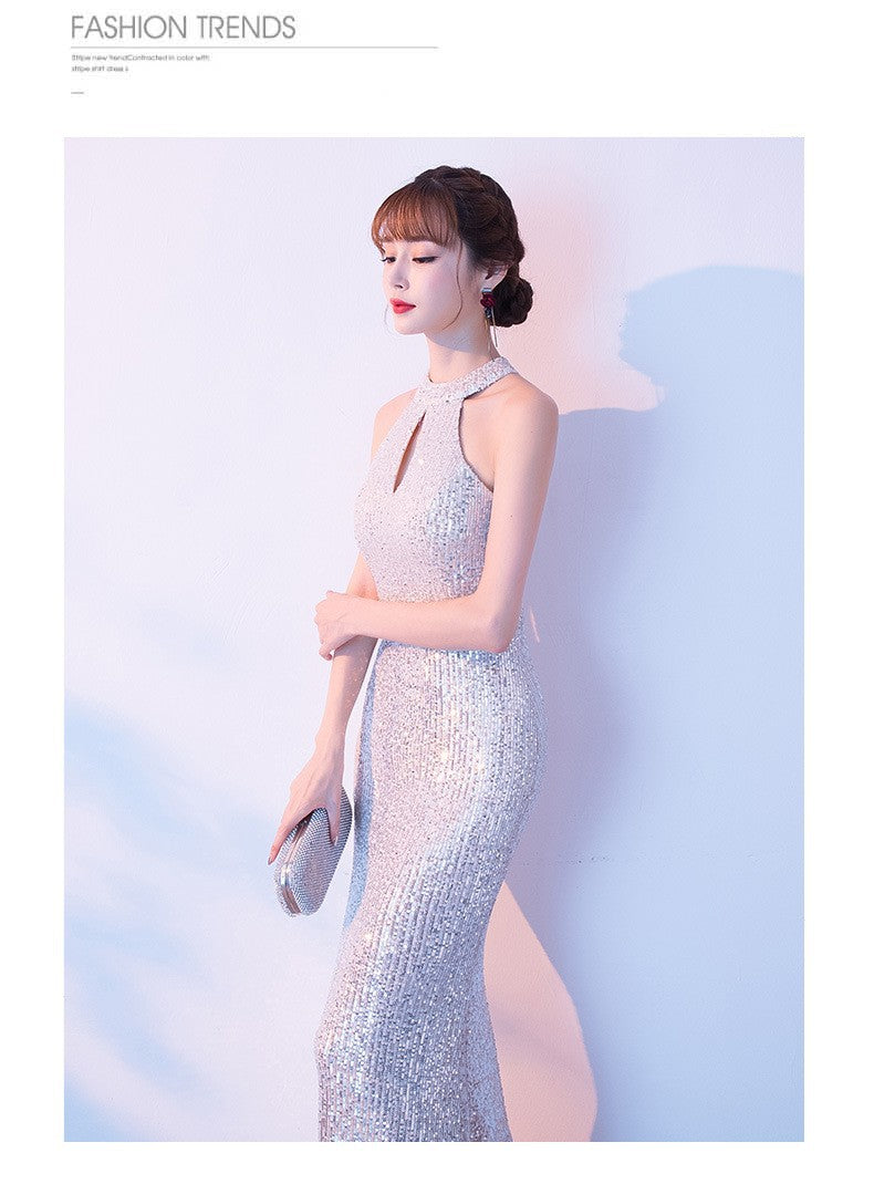 Spring and Summer Silver Evening Dress for Women 2024 New Niche Temperament Ladies Annual Meeting Host Fishtail Dress Evening Dress Wholesale