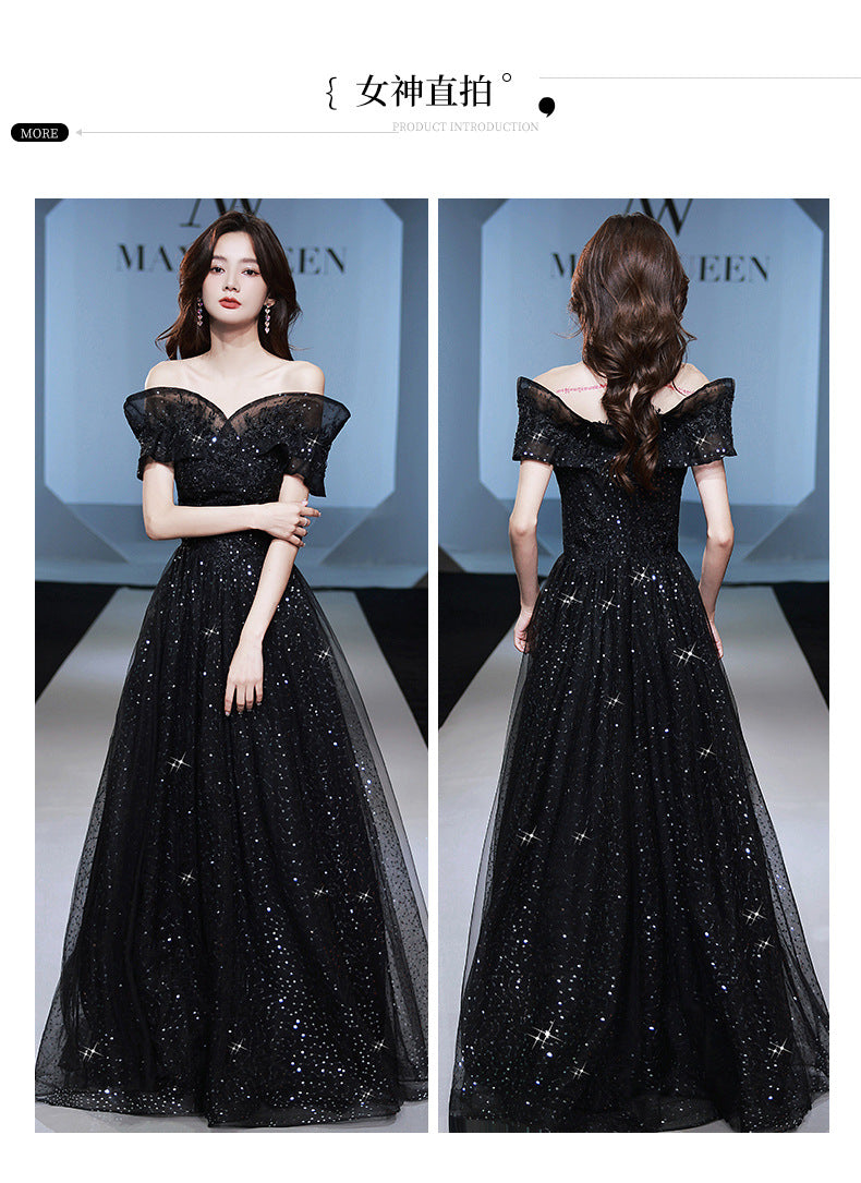 Banquet Small Evening Dress Dress Women's Sexy Charming Black Wedding Dress Birthday off-Shoulder Host Adult Ceremony