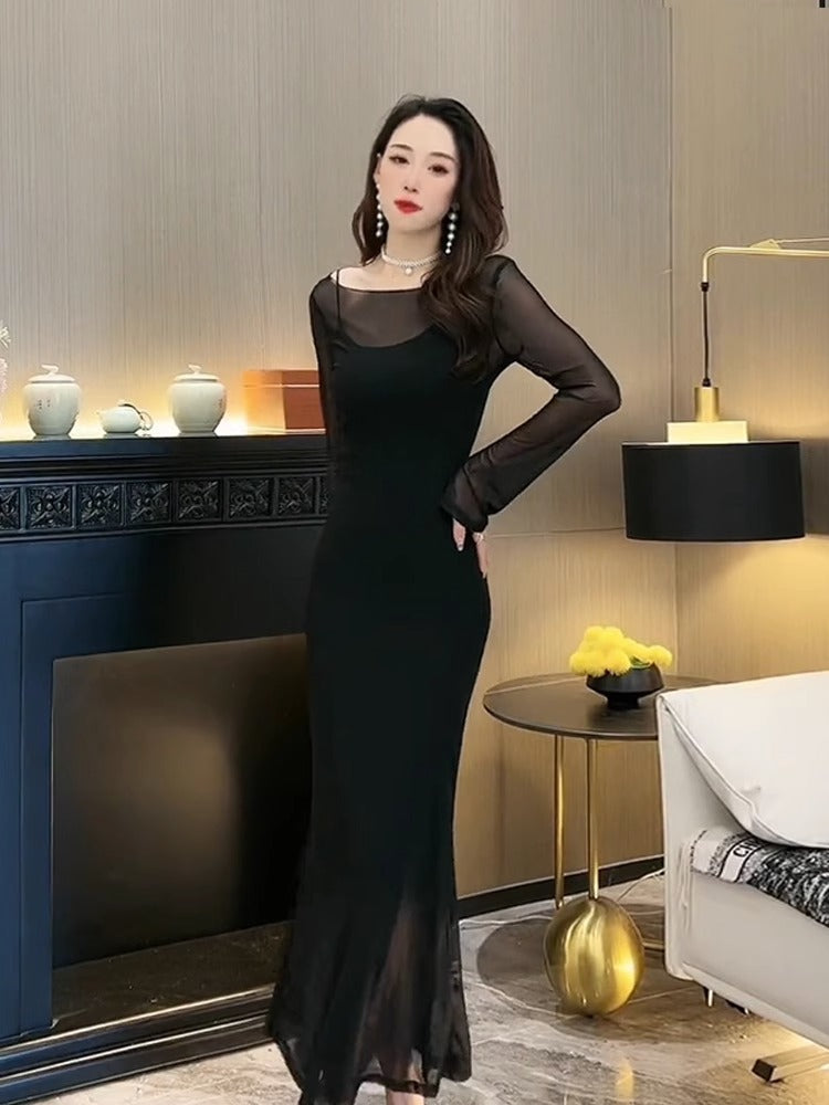 Sexy Slim Hip Mesh Black Dress French Retro Hepburn Style High-End Sense Temperament Long Sleeve Base Dress