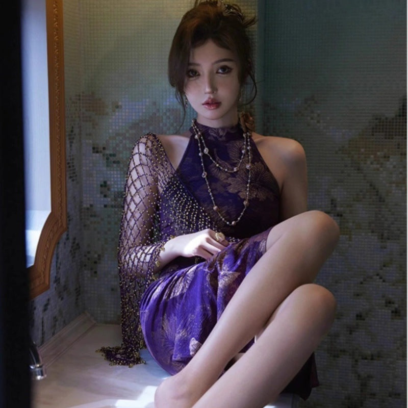 New Chinese Style Improved Cheongsam for Women 2024 New Young High-End Temperament Jacquard Purple Sexy Sheath Dress